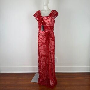 Tadashi Shoji Red Metallic Mesh Asymmetrical Gown ANT1924L  Womens 8 NWT